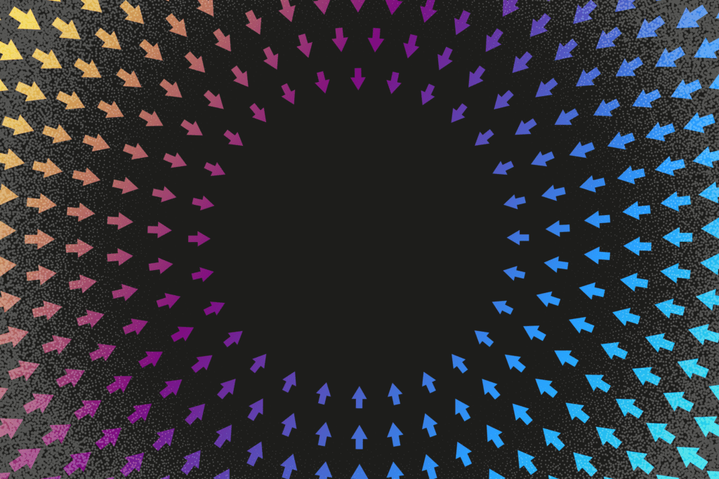 A swirling pattern of multicolored arrows points inward toward a black circular void in the center. The arrows, crafted with meticulous design, change color in a gradient from yellow and pink to blue and purple, sure to boost engagement with its mesmerizing effect.